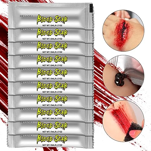 Halloween Kunstblut Gel,DE'LANCI 10 Pcs Kunstblut für Haut Auswaschbar,Halloween Tragbares Geronnenes Blutgel SFX Make-up,Halloween Schminke Vampir,Monster,Halloween Schminke für Allergiker