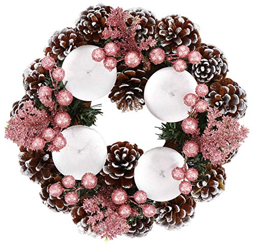 Weihnachtskerzengirlande Simulation Farbige Beeren-Kerzengirlande Weihnachtskranz Kerzenhalter Mini-Kerzenring für Hochzeit Party Wohnzimmer Esstisch Schrank Dekoration (Rosa)
