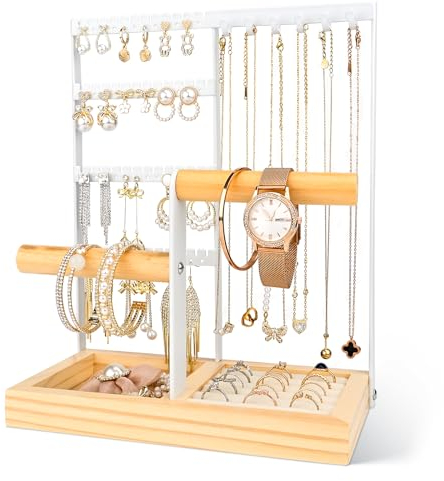 Damcyer Schmuckständer Schmuckhalter, Kettenständer Schmuck, 4-Stäben Schmuckständer, kettenständer schmuck, schmuckständer Holz für Halsketten, Ringe, Armbänder, Weiss