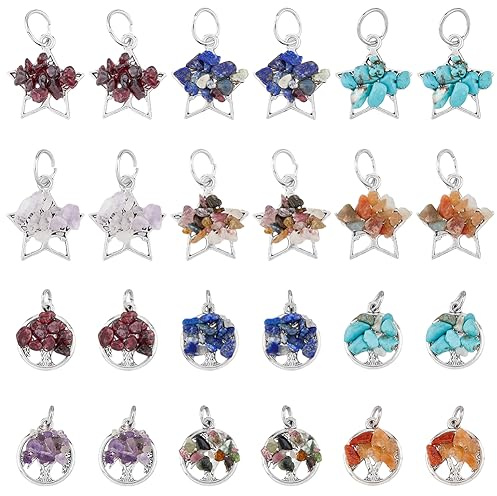 SUPERFINDINGS 48 pz 12 Stili Ciondolo Albero della Vita Chakra Pendenti in Cristallo di Quarzo Stella Rotonda e Piatta con Ciondolo A Forma di Albero per La Creazione di Gioielli, Foro: 5/7.5mm