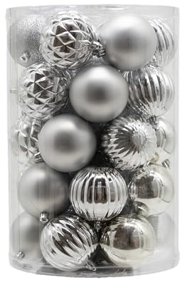 Kunststoff Weihnachtskugel Silber 1 Set - 34 Stück Ø 8cm Deko Kugel Christbaumschmuck Mix Glitzer Matt Gemustert Glänzend