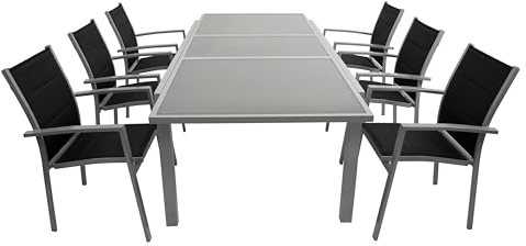 DEGAMO Gartengarnitur PISA 7-teilig, 6X Stapelsessel aus Aluminium Silbergrau und gepolstertem Textilgewebe in schwarz sowie 1x Ausziehtisch Aluminium + Glas 180/240x100cm, Silbergrau