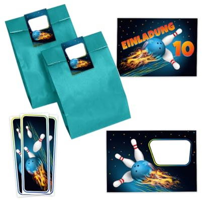 Minkocards 12 Einladungskarten zum 10. Kindergeburtstag Kegeln Bowling Jungen Mädchen Einladungen zehnte Geburtstag incl. 12 Umschläge, 12 Partytüten/petrol, 12 Aufkleber, 12 Lesezeichen