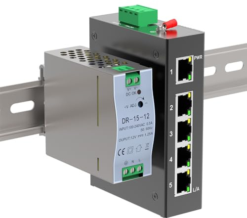 GoodTop 5 Port 100Mb Unmanaged Industrial Switch with DIN Rail 15W Power Supply,10/100Mbps Fast Ethernet,IP40,4KV Lightning Protection,Operating Temperature Range -40° – 80°C DIN Rail Network Switch