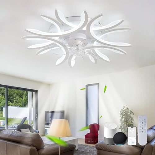 NVZHIDAI LED Ceiling Fan Lights Alexa Bedroom Remote Control Silent Ceiling Light with Fan Dimmable Reversible 6 Speed Flush Mount Fan Light Smart DC Large Modern for Living Room, Lounge, White||B