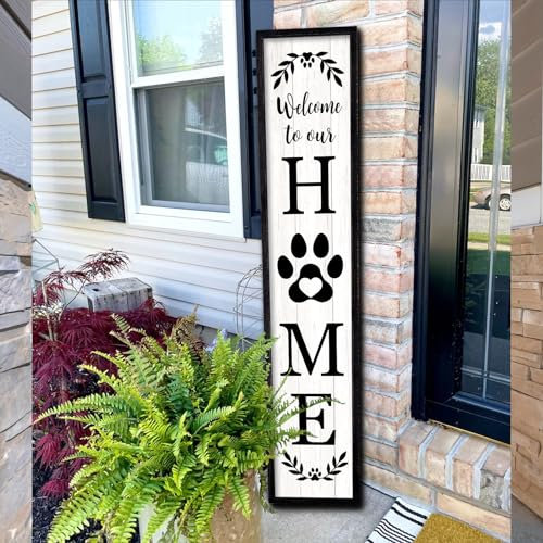 Welcome To Our Home Sign For Front Porch Standing 45X9 Large Rustic Farmhouse Outdoor Tall Wood Framed Vertical Paw Print Welcome Signs Modern Outside Front Door Wall Decor (Black)