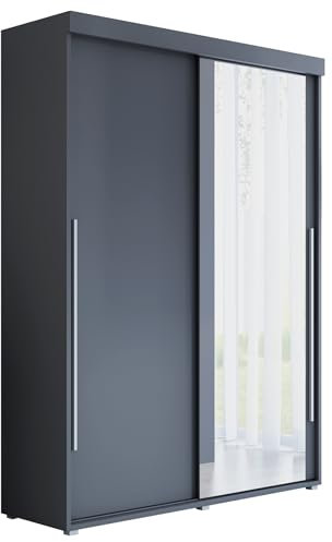 Meble Slupia Kleiderschrank Schiebetüren Slim 1-170 x 202 x 46 cm - Schrank Schlafzimmer, Vorraum, Garderobe - Tür mit einem Spiegel, Kleiderstange - Holzwerkstoff, Silberner Griff, Anthrazit