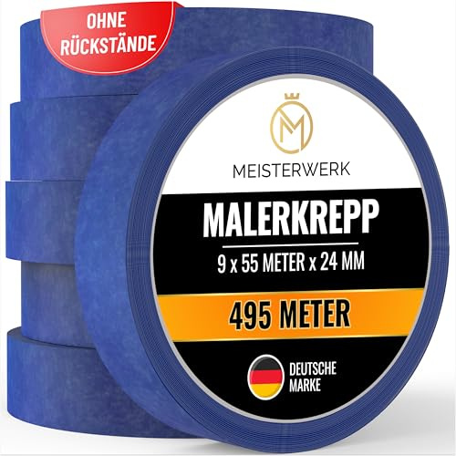 MEISTERWERK Malerkrepp für Malerarbeiten - (OHNE RÜCKSTÄNDE) - 495 Meter Kreppband (24mm Breite) - Rutschfestes Abklebeband für sauberes Renovieren, Streichen & Lackieren