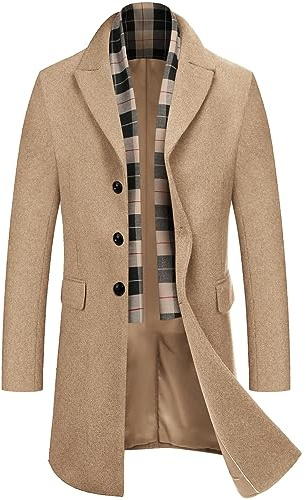 COOFANDY Herren Mantel mit Abnehmbaren Schal Wintermantel | Einreihiger Kurzmantel Business Trenchcoat Warme Winterjacke Overcoat