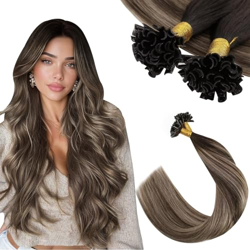 Ugeat hårförlängningar med keratinbindemedel ombre bruna förlängningar äkta hår bindning mörkbrun balayage askblond hårförlängning äkta hår bondings hot fusion 50 g 50 slingor 50 cm