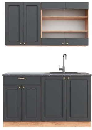 Vicco Singleküche Fame-Line, Anthrazit Landhaus/Goldkraft Eiche, 140 cm | 4 Module · Höhenverstellbare Füße · AP Anthrazit inkl. · MDF-Fronten · Softclose · Metallgriffe