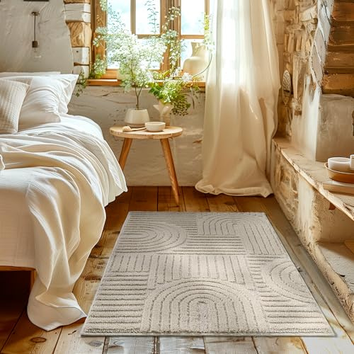 HomebyHome Teppich Läufer 80x150 cm Beige, Hochflor Wohnzimmer Teppich, Weich & Flauschig, Skandinavisch Boho Stil, Langflor Shaggy, Pflegeleicht, Jute Rückseite