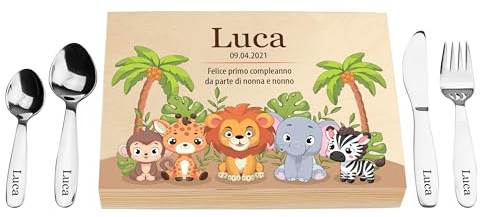 LAUBLUST Posate per bambini con stampa del nome e scatola regalo in legno personalizzata | 4 pezzi - Posate in acciaio inox | Regalo personalizzato per ragazzi e ragazze (Safari)