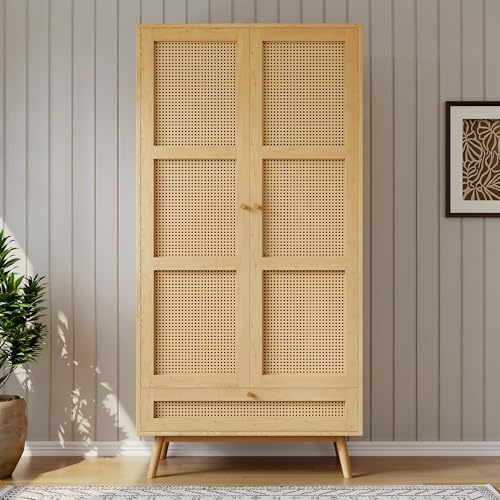 Moimhear Armadio con asta, armadio a 2 ante, camera da letto, rete di rattan, soggiorno, con coperchio inferiore a ribalta, truciolato+rattan PE, naturale