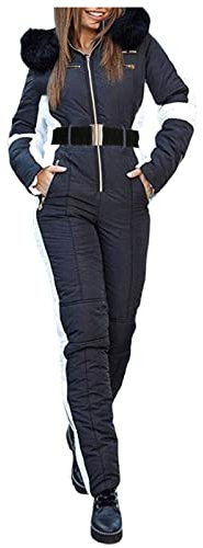 YueYue Schneeanzug Damen Einteiler Skianzug Skioverall Winddichte Winter Damen Warm Skibekleidung Snowboard Skisuit Jumpsuit Outdoor Sport Overall Skianzüge Snowboardjacke Mit Kapuze(1-Black, L)