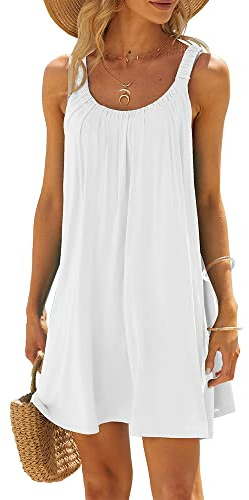 Women's Casual Summer Beach Dress Solid Color Sleeveless Backless U Neck Beachwear Bikini Cover Up Swim Skirt Sundress (White, M)