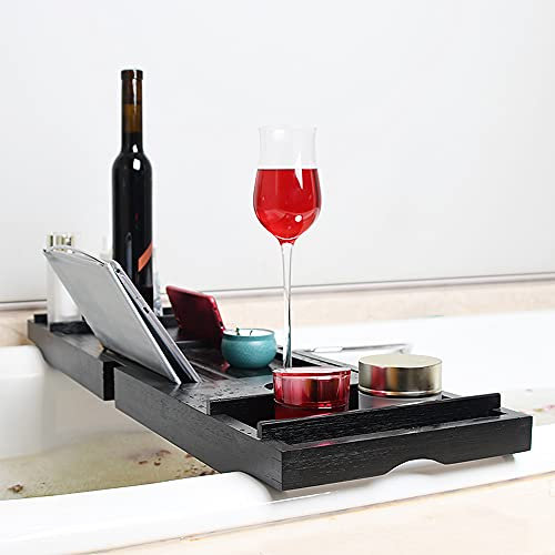 Support pour Serviette de Bain, Verre à vin, étagère de Lecture, Plateau Extensible pour Salle de Bain, Plateau de Baignoire en Bambou Naturel, Support pour Tablette, 70-105cm