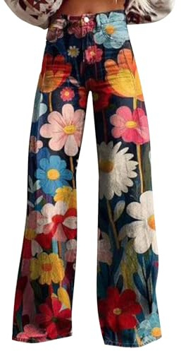 Jeans acampanados con estampado de flores para mujer, estilo casual, cintura alta, pierna ancha, ajuste holgado, pantalones de mezclilla coloridos, patrón retro, pantalones palazzo, pantalones