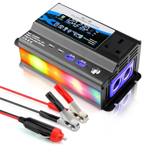 WODHMIEY 600W Car Power Inverter 12V/24V to 230V Vehicle Voltage Converter with Plug, 2 USB, Type-C & Cigarette Lighter, LCD Display, Mood Lighting, Ideal for Camping, Travel, Motorhomes & Trucks