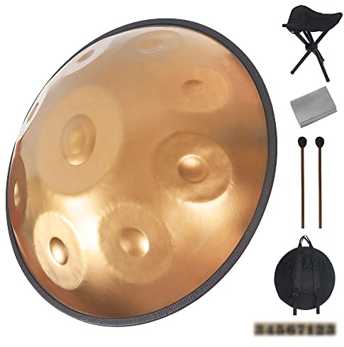 SQSXCKIQ Handpan Drum in D-Moll 440 Hz 22 Zoll Stahlhandtrommel, Handpan Drum Instrument mit weicher Handpan-Tasche, Handpan-Schlägern, Handpan-Ständer, Staubtuch (9 Noten, Gold)
