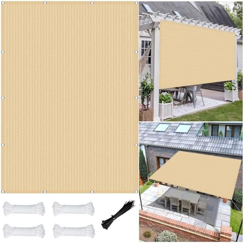 HDPE Schattenstoff, 1,7 x 4,5 m, atmungsaktiv, mit Ösen, für den Außenbereich, Terrasse, wasserdurchlässig, gelb, Sandfarbe, ideal für Gärten und Decks