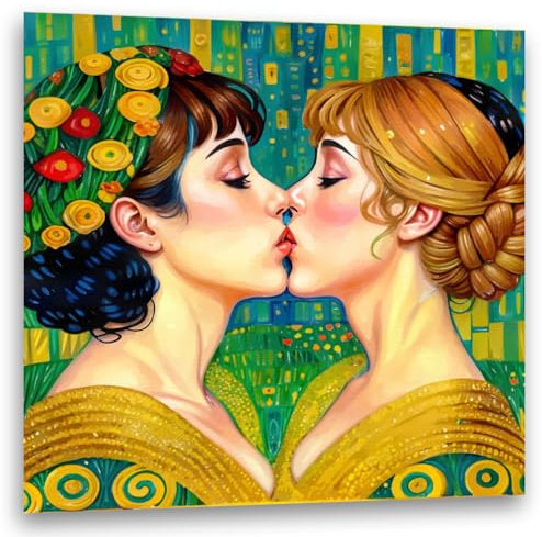 GALERIE SCHÖNE KÜNSTE - Frauen Liebe, Lesben Glück - Hommage Gustav Klimt #3 - Kunstdruck Küssende Frauen - Lesbian Lesbe Lesbisch - Romantisch sanfte Erotik - Leinwand auf Keilrahmen (30x30 cm)