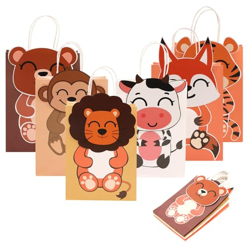 Tier Geschenkbeutel für Kinder, Packung mit 12 Tier-Papiertüten mit Griff, Partytüten, Papiertüten für Kinderpartys, Feiern, Babygeburtstag, Halloween, Weihnachten (Red)