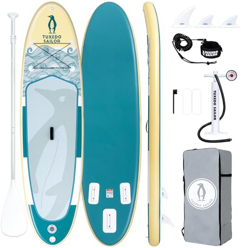 Tuxedo Sailor Paddle Gonflable Adulte, Planche de Stand Up Paddle Gonflable, Sup Paddle Board Gonflable avec Accessoires Complets, Planche de Surf Paddle (Green & Yellow)