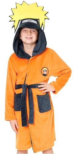 NARUTO Peignoir Enfant Garçon 7–15 Ans, Robe de Chambre Polaire Chaud avec Capuche et Ceinture, Cadeau Cosy Manga Ado (13-14 Ans, Orange)