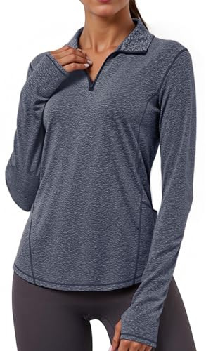 Gyabnw UPF 50 Sun Protection Long Sleeve Womens Workout Shirt Breathable Moisture Wicking Gym Top for Fitness Yoga Heather Navy