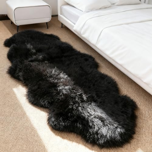 Real Fur Sheepskin Rug with Little Patches, Genuine Fuzzy Wool Sheep Skin Throw Pad for Bedroom Floor Living Room Sofa Luxury Fur Carpet (Black, 2FT×6FT Patchwork)