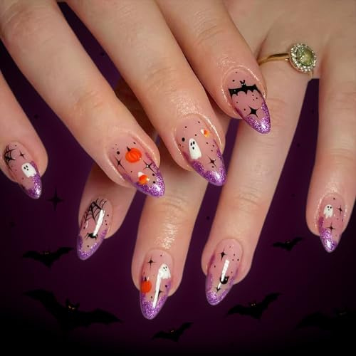 Halloween Press on Nails Mittellang Glitzernd Lila French Tip Halloween Nägel mit Geist Motiv 24 Stück Set für Frauen