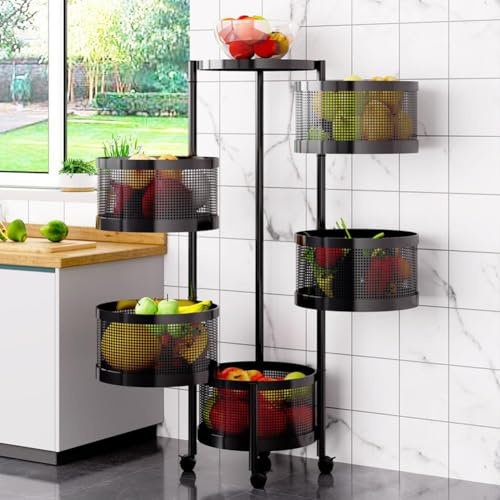 Rollwagen Metall Servierwagen Mit Rollen, 5 Ebenen Rund Küchenregal Organizer, Gemüse Regal Küchenwagen Aufbewahrungswagen Für Küche Badezimmer Wohnzimmer Kinderzimmer, (90 x ø30 Cm, Schwarz)