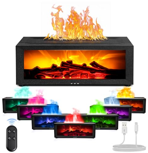 Difusor de aroma con efecto llama, difusor de aceites esenciales con efecto de llama de 7 colores, humidificador de 150 ml con mando a distancia, 3 temporizadores, apagado automático sin agua