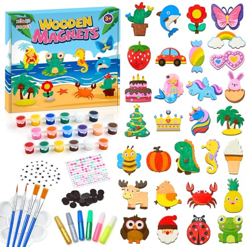 Bridokit 30 Piezas Juego de Imanes de Madera, Juegos de Manualidades, Kit Manualidades Niños de 3 a 12 Años Actividades Creativas Kit de Pintura, Regalos de Cumpleaños para Niños y Niñas
