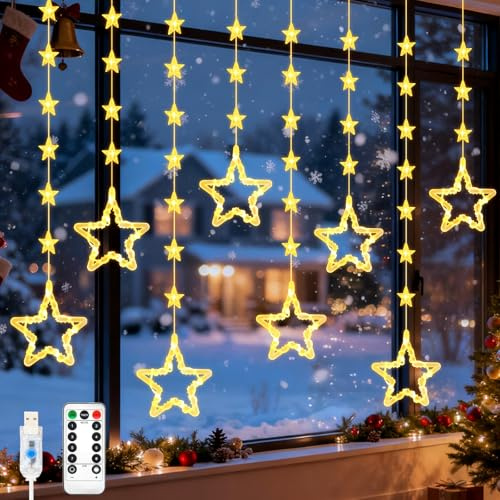 Gcstnn Christmas Star Window Lights, 2M 48 Stars Warm White Curtain String Lights USB Powered with Remote Control Timer, Waterproof Hanging Christmas Light for Window, Bedroom, Xmas Tree Decorations