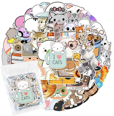 HNTR® Cat Stickers | 50 Cute Kitty Stickers for Cat Lovers | Fun Sticker Pack for Tablets, Kindle & Scrapbooks