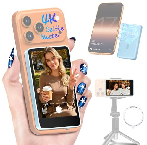 Moman Phone Vlog Selfie Monitor Screen for iPhone 7-17 & Android, 3H Battery 1080P/4K Magnetic Back Camera Wireless Monitor for Selfie Vlog Tiktok YouTube Video Record Live Content Creation, Blue | 4K 60fps private P2P wireless preview, magnetic back camera monitor for TikTok, Reels, YouTube Shorts and vlogging