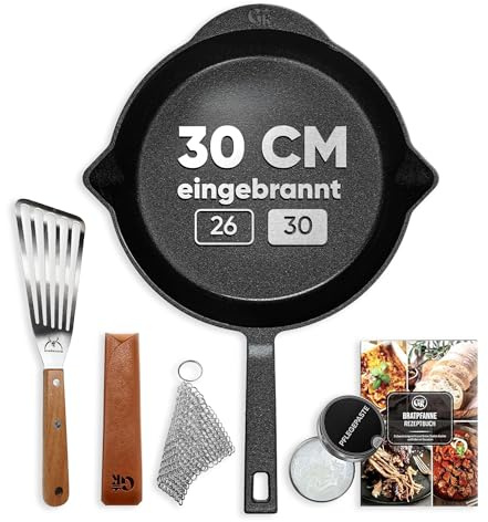 GUSSKÖNIG Gusseisenpfanne 30cm–Eingebrannte Pfanne Gusseisen Induktion–Gusspfanne, Steakpfanne, Cast Iron Pan– inkl. Ringreiniger,Pflegepaste,Griffschutz aus echtem Leder, Rezeptbuch–30 Jahre Garantie