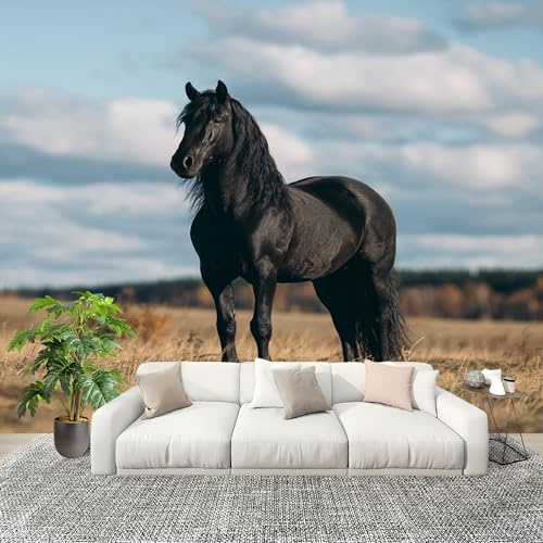 Mural Papel Pintado 3D 400x280cm Animales Pastizales PatróN De Caballo Negro Fotomurales Tejido No Tejido Antiarrugas Póster Azul Murales Fotográfico Moderno Decoración de Paredes