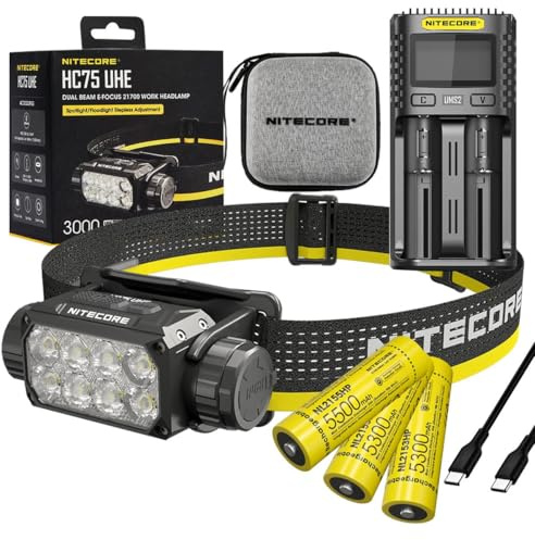 Nitecore HC75 UHE + 2X Extra NL2153HP + UMS2 Charger HC75 UHE Rechargeable E-Focus Spotlight Floodlight Headlamp 192m Beam -3000 Lumens (Upgrade of HC68) w/ 2X Extra Battery and UMS2 Dual-Slot Super