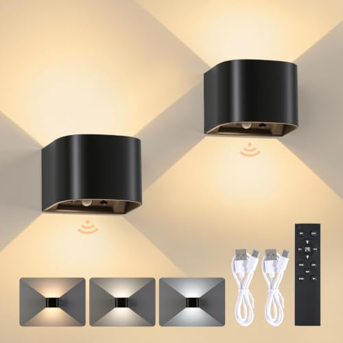 Leselux LED Akku Wandleuchte Innen mit Bewegungsmelder Dimmbar, 2 Stück | Ohne Stromanschluss, Kabellose Wandlampe mit Fernbedienung und 3 Farben, 5400mAh Aufladbar Batterie, für Schlafzimmer Flur