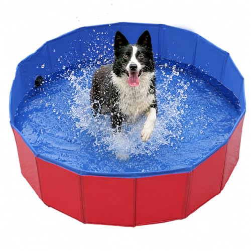 KANDONEX Hundepool Faltbar 120 x 30 cm PVC Haustier Pool Hunde Katzen Garten Balkon Terrasse Baden Abkühlen Sommer Planschbecken mit Ablaufventil Rutschhemmend Camping (Rot)