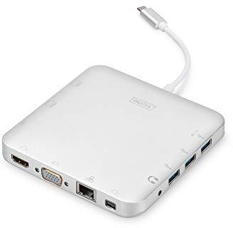 DIGITUS Estación de acoplamiento multipuerto - USB-C Dock 11 puertos - HDMI mDP VGA, RJ45, 3x USB 3.0 - puerto de carga, lector de tarjetas - plateado