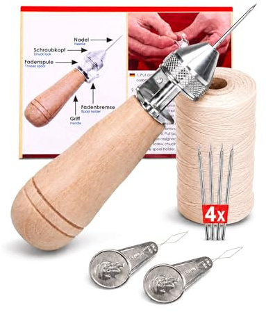 Langlauf Schuhbedarf Profi Ledernäh-Set mit Handnähapperat Nähahle Sattlerahle + gewachstem Garn + Einfädler +Ersatznadel - Handnähmaschine für dicke Stoffe - Sattlergarn - Ledergarn (beige)