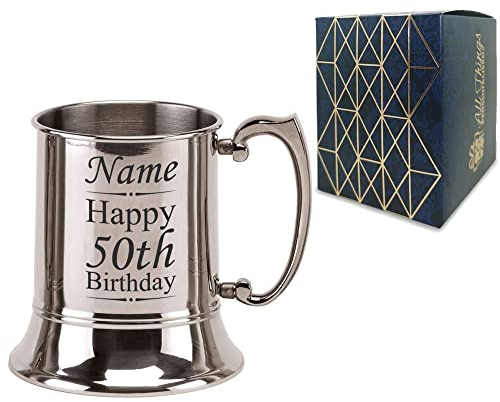 Personalised Engraved Novelty Stainless Steel Birthday Tankard, Name, Happy .. Birthday, Personalise with Any Name and Age