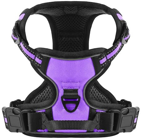 Belababy Dog Harness Small Medium Large No Pull, Adjustable Reflective Front Clip Dog Harness with Easy Control Handle, 2 Metal Rings for Training or Walking, Purple M