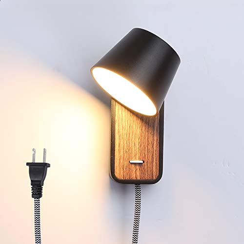 Black LED Wall Lamp with Plug in Cord for Bedrooms Hallway Living Room, Indoor Contemporary Mounted Lighting Fixture,Nordic Bedside Rotatable Reading Lights, Up Down Wooden Sconces with Switch