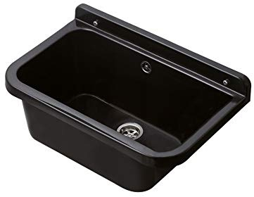 VBChome Ausgussbecken 55 x 34 x 21 cm Schwarz Spülbecken Waschtrog mit Überlauf Waschbecken für Gewerbe Waschraum Garten inkl. Ablaufgranitur