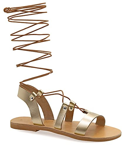 Emmanuela Sandalias de cuero estilo griego antiguo hasta la rodilla, hechas a mano con puntera abierta, sandalias de gladiador planas, zapatos de verano de calidad con tiras para mujer,Oro, 37 EU